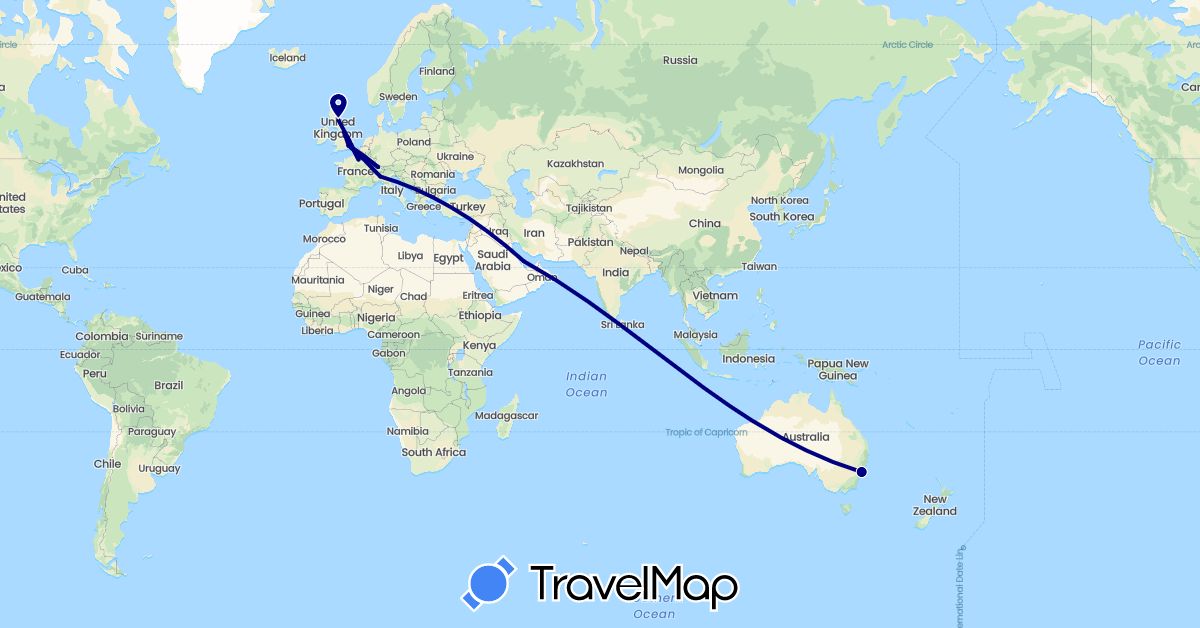 TravelMap itinerary: driving in Australia, Switzerland, France, United Kingdom, Italy, Qatar (Asia, Europe, Oceania)